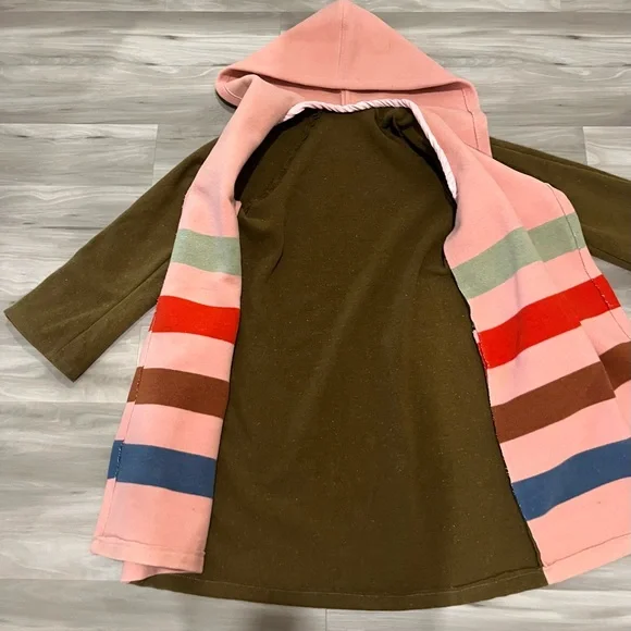 Handmade New Look Pink Hooded Striped Wool-Blend Cape Coat with Olive Sleeves - Picture 5 of 8